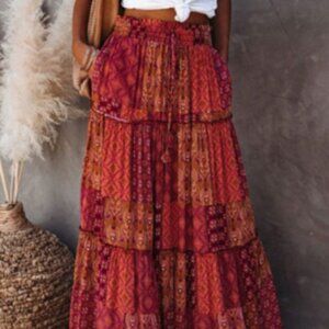 H40 BURGUNDY PATCHWORK MAXI SKIRT
